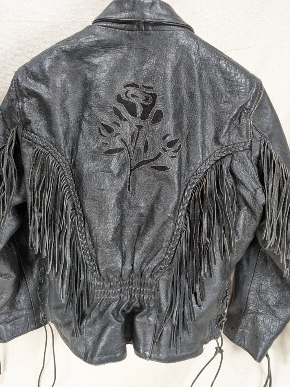 Vintage 1980s-90s Women's Black Leather Motorcycle Jacket Fringe Suede Roses M - Picture 8 of 16